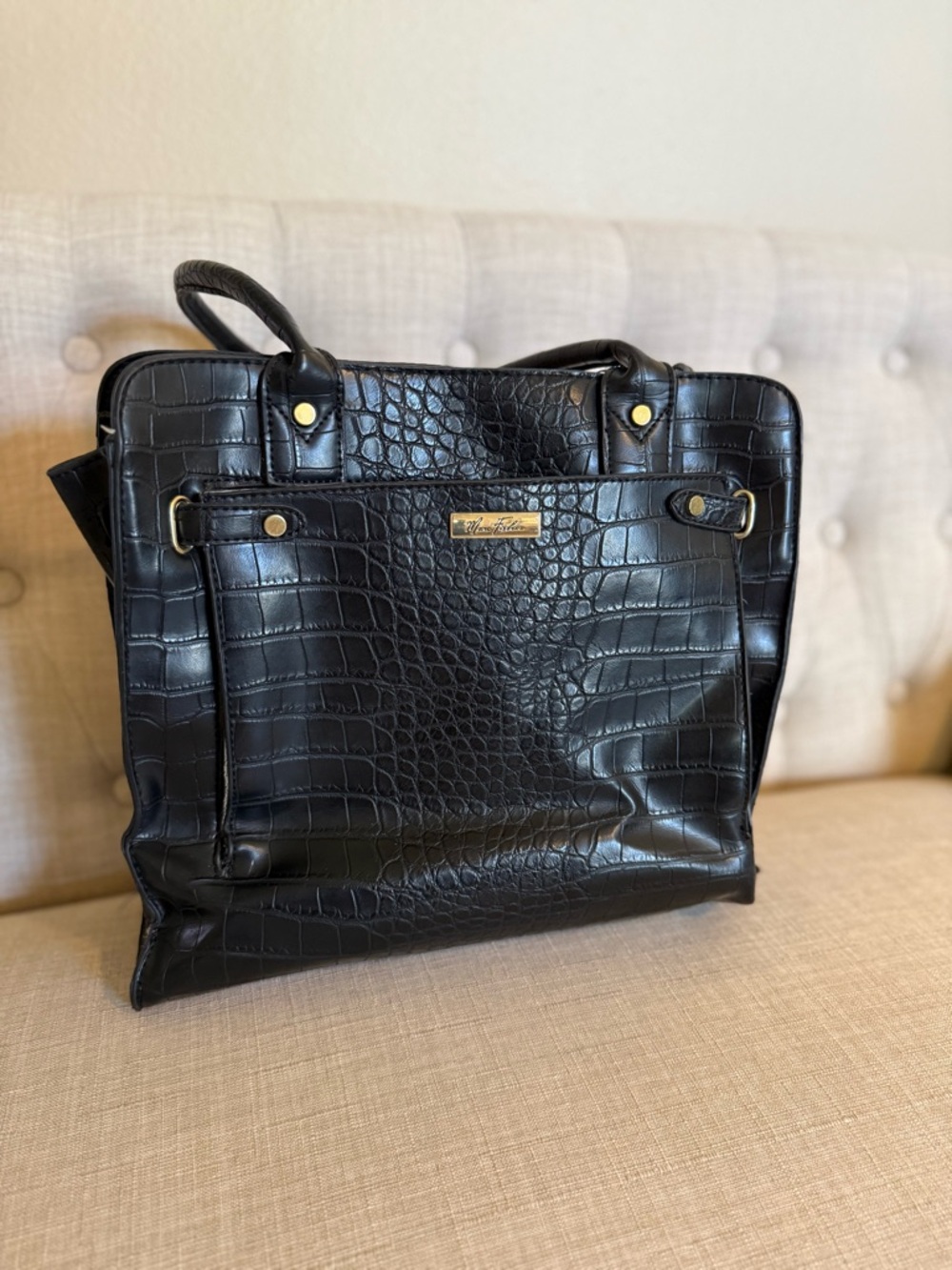 Marc Fisher Black Croc-Embossed Tote with Gold Hardware